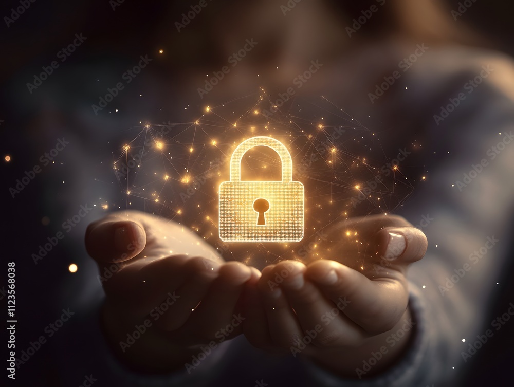 Aufkleber Illuminated padlock symbol with sparkling effects emerging from hands, representing digital security, privacy protection, and modern technology concepts in a captivating visual display