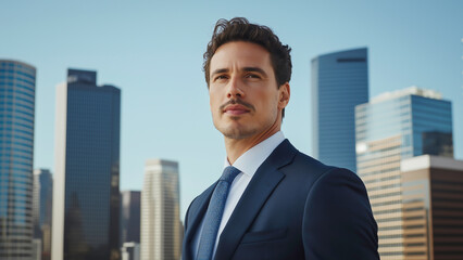 Fototapeta premium A confident businessman in suit in front of skyscrapers urban, embodying ambition, optimism and success. 