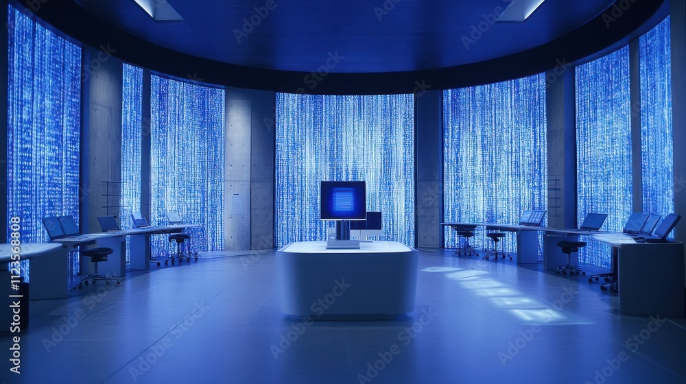 Poster futuristic supercomputer setup in a minimalist laboratory with data projections and cold lighting, s