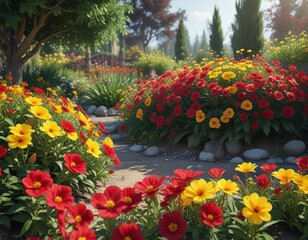 Crimson and yellow flower blooms in a garden landscape, colors, blooming, outdoor