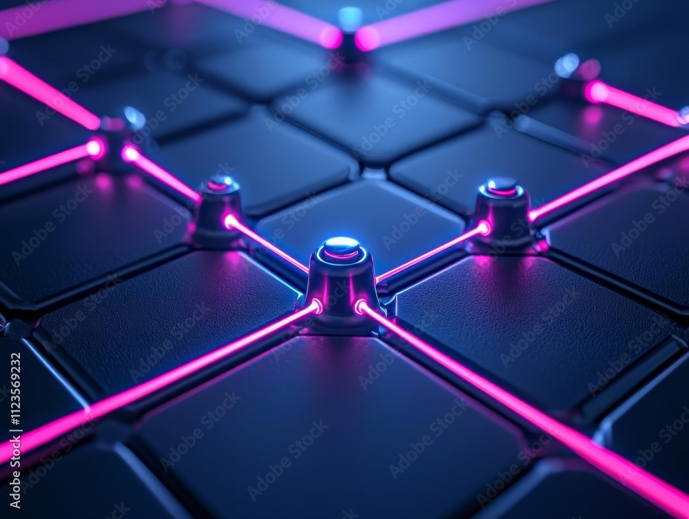 Poster abstract technology background with glowing lines and nodes in dark ambiance.