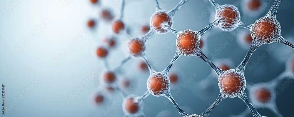 Aufkleber abstract representation of molecular structures with vibrant particles on a blue background.