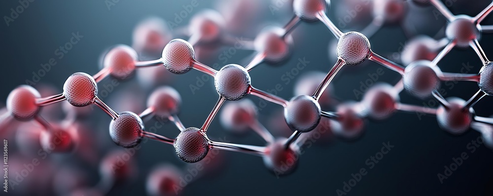 Poster abstract representation of molecular structure with colorful atoms in 3d.