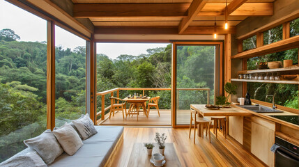 Fototapeta premium Modern Cabin Retreat: Minimalist Design with Natural Wood, Glass, and Open Space for a Cozy, Eco-Friendly Home in Harmony with Nature