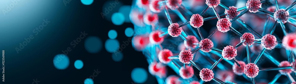 Poster abstract representation of molecular structures with red and blue particles connected.