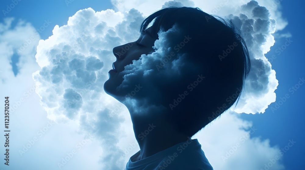 Poster surreal portrait of a young person with clouds and sky reflections for conceptual art and dreamy vis