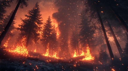 Fototapeta premium Forest fire devastation woodland area nature photography smoky environment dramatic viewpoint environmental crisis awareness