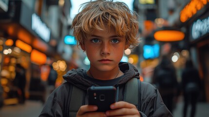 Boy using phone in a city street.