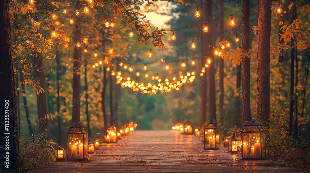 Poster a serene forest path illuminated by soft glowing lanterns and string lights, creating a magical atmo