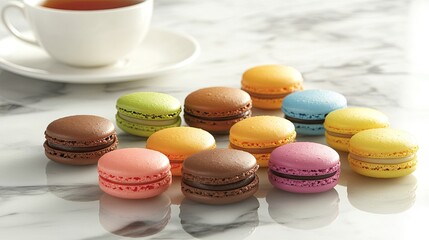 Obraz premium Colorful macarons arranged with teacup on marble.