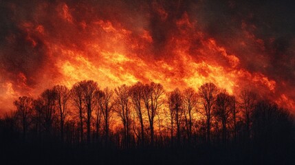 Fototapeta premium Wildfire erupts amidst forest dramatic blaze outdoor fiery skies nature's fury captured in moment