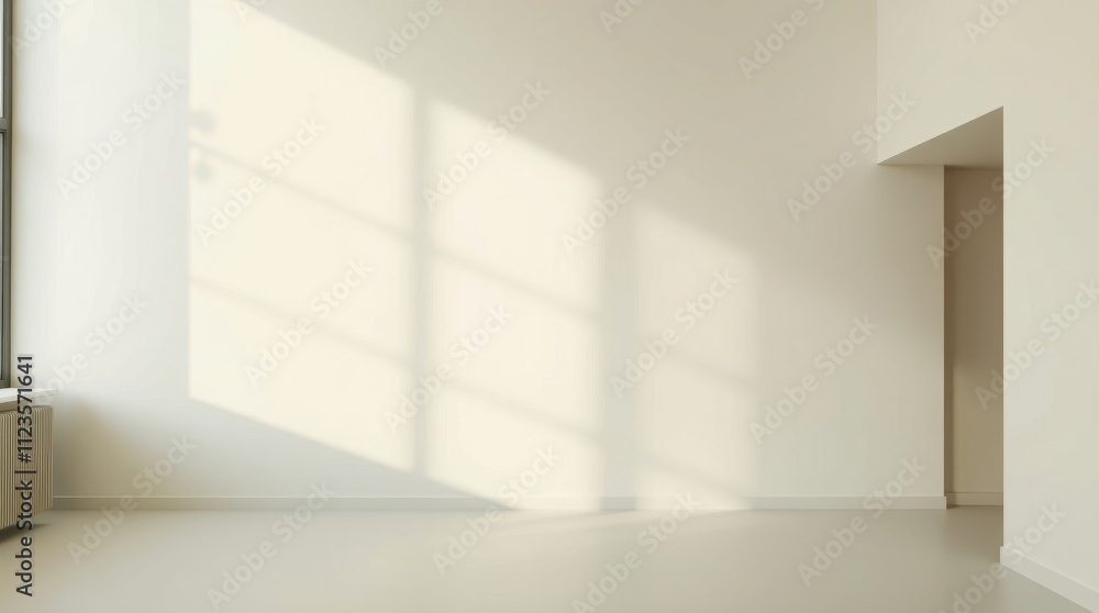 Aufkleber sunlight casting shadows in a minimalist room with plain walls and large windows