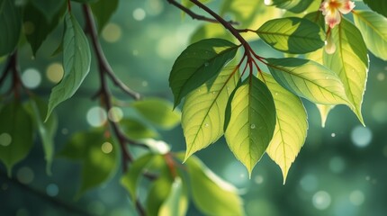 Obraz premium Lush green leaves illuminated by soft sunlight in a tranquil outdoor setting