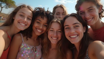 Fototapeta premium Grupo diverso de jóvenes amigos tomándose una selfie, felices y sonriendo juntos