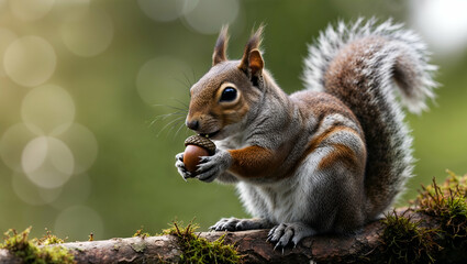 Obraz premium Squirrel holding an acorn while perched on a mossy branch in a forest during the daytime