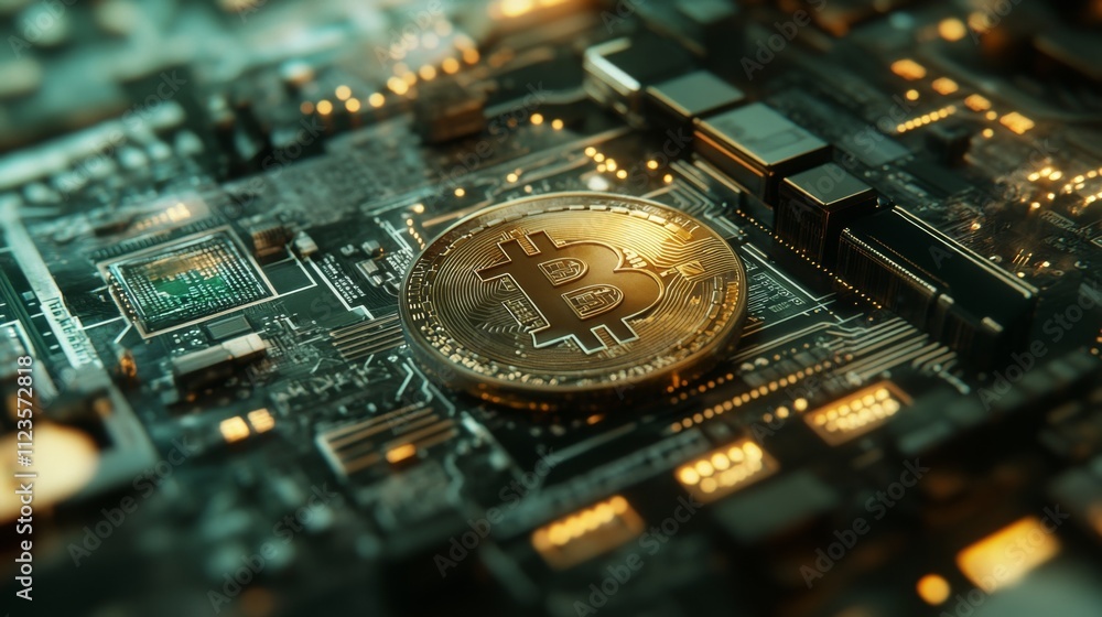 Poster bitcoin mining process digital innovations cryptocurrency technology virtual environment close-up vi