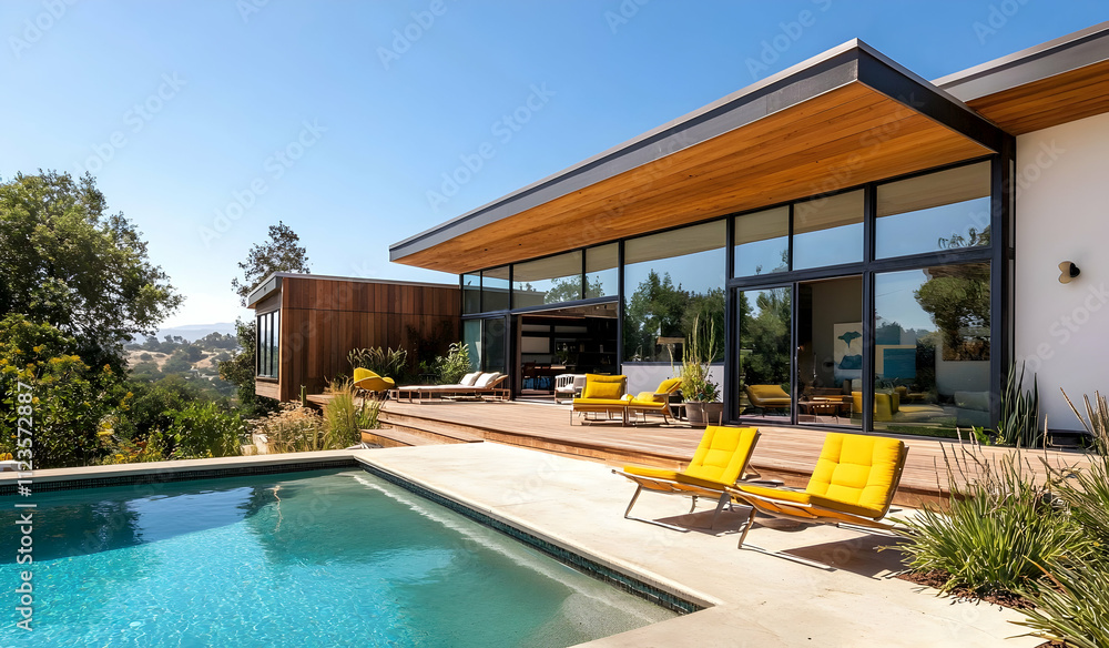 Poster a modern house with a pool, featuring architectural design with large windows and open spaces