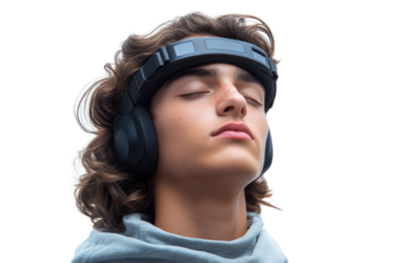 Young man with headphones, enjoying music, eyes closed, relaxed expression, soft lighting, modern clothing, studio setting, peaceful atmosphere.