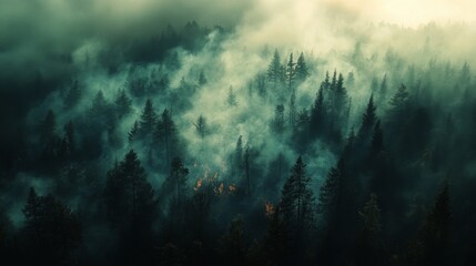 Obraz premium Forest fire eruption dense woods aerial view smoky atmosphere nature environmental crisis awareness