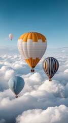 Fototapeta premium Colorful hot air balloons soaring through a clear sky, surrounded by fluffy white clouds, creating a serene and picturesque landscape.