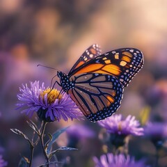 Obraz premium Monarch butterfly feeding on purple aster flower at sunset.
