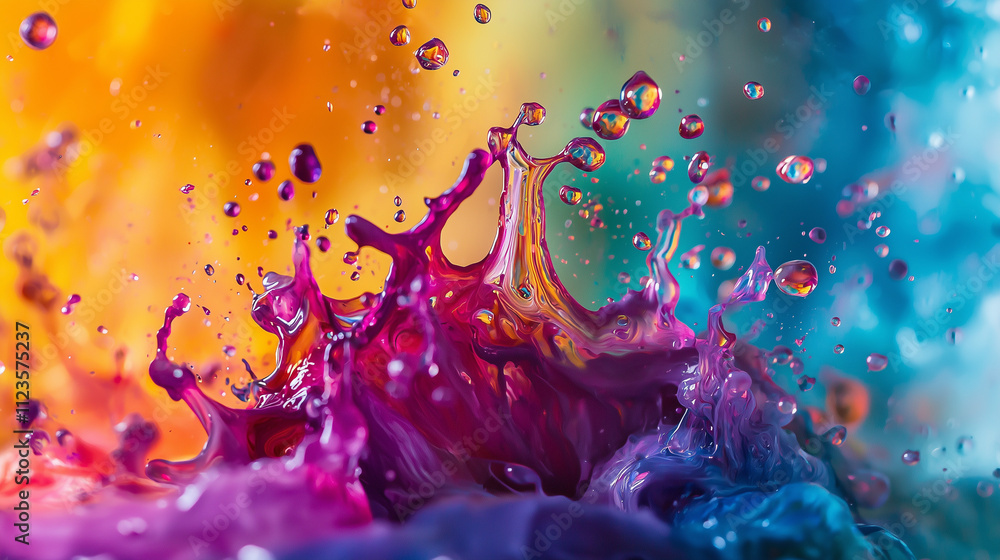 Poster a dynamic closeup of a colorful liquid splash. purple, blue, and orange hues explode, creating an ab
