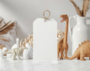 Fototapeta premium Prehistoric Dinosaur Blank Tag Mockup with Toy Dinosaurs and Tropical Leaves – Ideal for Fun Childhood Branding