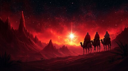 Naklejka premium Three kings walking in the desert, three magics kings walking in the starry night, reyes magos