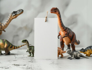 Dinosaur-Themed Blank Tag Mockup with Toy Dinosaurs and Jungle Leaves on Rustic Wood – Perfect for Kids’ Party Invitations