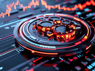 Futuristic financial dashboard with glowing data visualizations and graphs, showcasing advanced analytics and technology. vibrant colors create engaging atmosphere