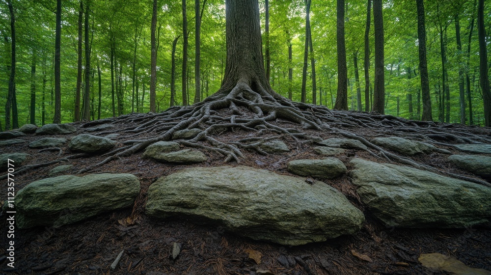 Poster tree roots intertwine with rocks in a serene forest setting.