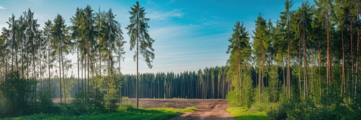 Fototapeta premium Green forest and blue sky. Pine forest against the background of cutting down. Beautiful summer firtee wood in sunny day.