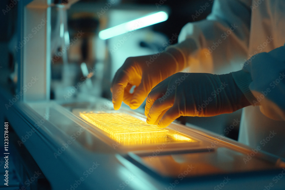 Poster scientific experiment in laboratory with glowing sample during evening hours. generative ai
