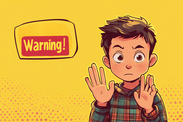 a cartoon boy with a serious expression and raised hands appears next to a warning speech bubble on a bold yellow background in comic style
