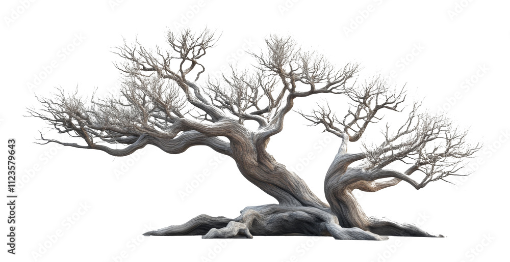 Poster twisted ancient tree with bare branches on transparent background, nature and resilience concept