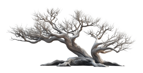Twisted ancient tree with bare branches on transparent background, nature and resilience concept