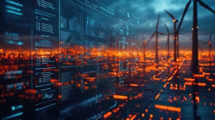 Advanced control panel with glowing data visualizations, wind turbines in background, futuristic technology, renewable energy, innovation, sustainable power monitoring, clean energy solutions