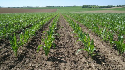 Corn crop development progress fertile farmland agricultural photography rural landscape wide-angle view sustainable farming techniques