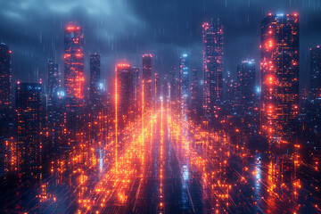 A futuristic 6G wireless network concept featuring high-speed internet, cloud computing, data synchronization, and global connectivity in a smart city environment