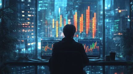 Obraz premium Business analyst monitoring data visualization in futuristic urban setting
