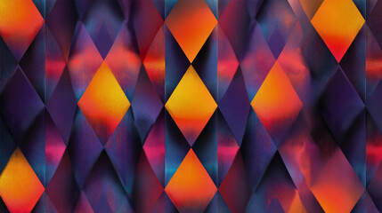Obraz premium Vibrant Abstract Background: Geometric Diamond Pattern with Multicolor Shapes, Purple Tones, and Orange Accents, Creating a Dynamic, Illuminated Design for a Stylish Digital Art Composition