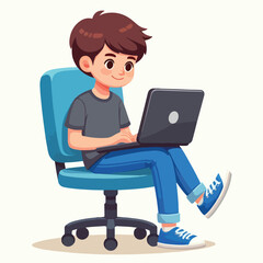a boy is using his laptop vector