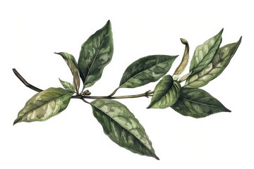 Fototapeta premium Tea leaf old botanical illustration, isolated on white, showcasing the intricate details