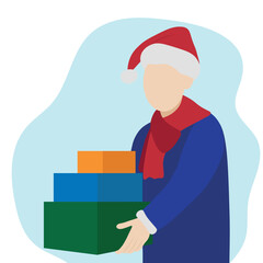 Guy in Santa hat with gifts in hands, faceless illustration, flat style, isolate on white background