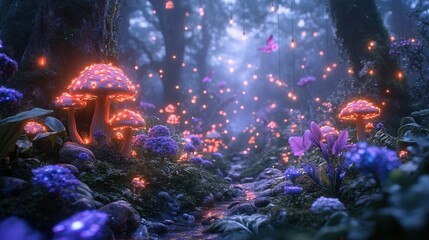Enchanted forest path with glowing mushrooms and magical atmosphere at dusk