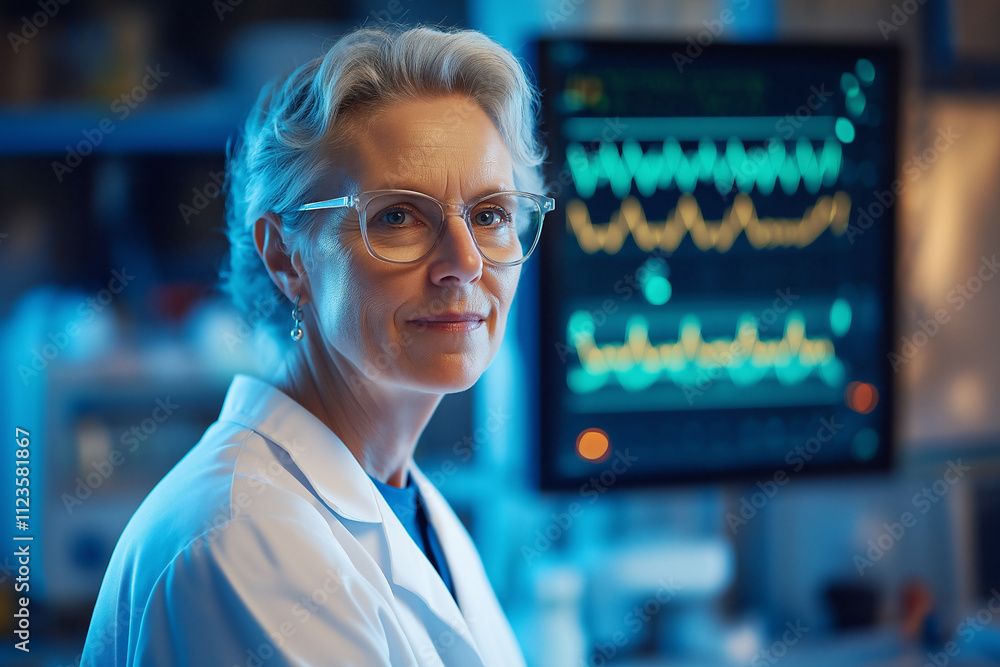 Poster experienced scientist in lab coat examining data on monitor in research facility. generative ai