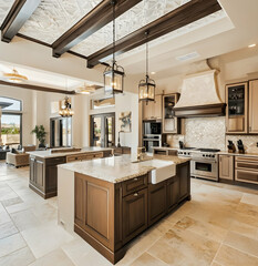 Beautiful kitchen with an island, tan cabinets, and a beige marble countertop. 