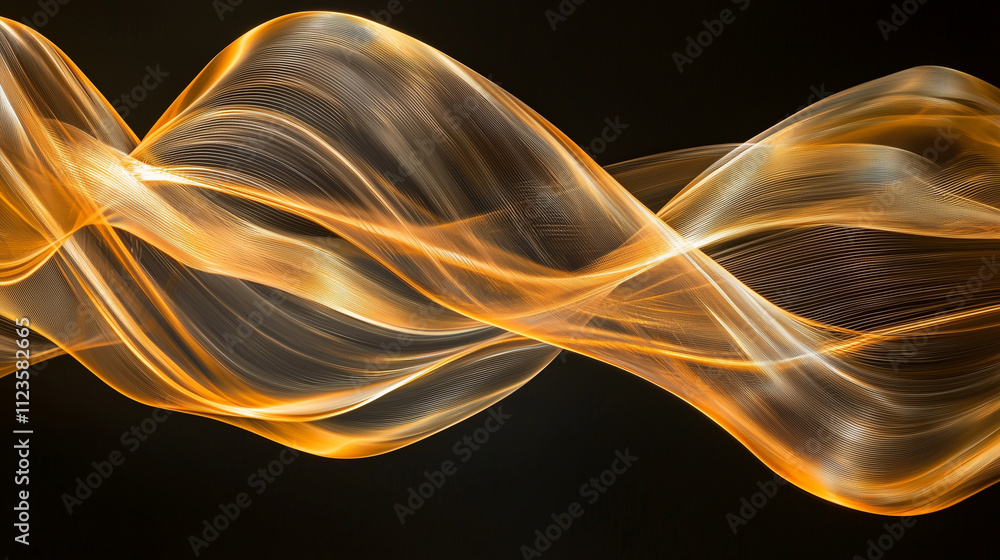Poster abstract image of flowing, luminous golden waves on a black background. the waves create a sense of 