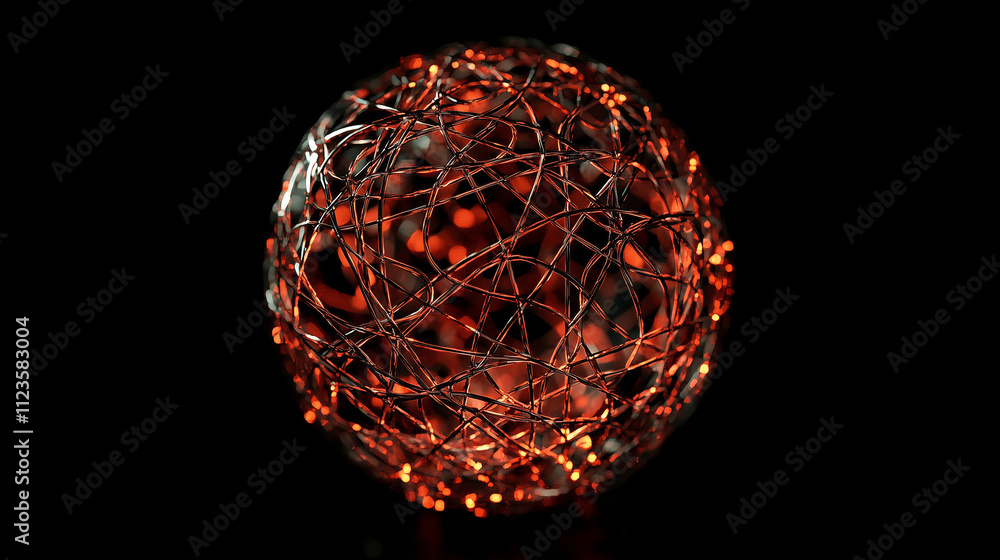 Poster a 3d render of a glowing orange sphere, constructed from an intricate network of wires. the sphere r
