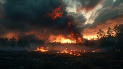 Obraz premium Wildfire devastation in forest landscape dramatic sunset scene nature photography fiery sky environmental crisis awareness